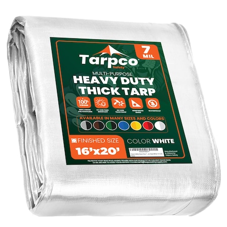 Tarpco Safety Heavy Duty Tarp, 20 ft L x 0.5 mm H x 16 ft W, 7 Mil, White, Polyethylene TS-204-16X20